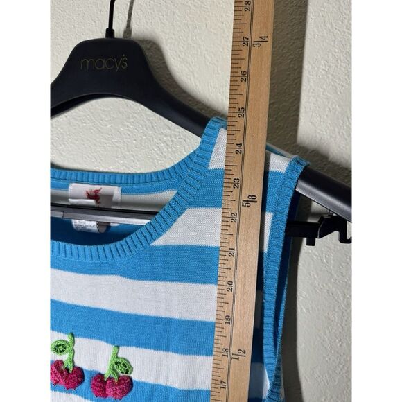 Quacker Factory Retro‎ Blue & White Stripe Cherry Sleeveless Sweater Size Large - Picture 3 of 5